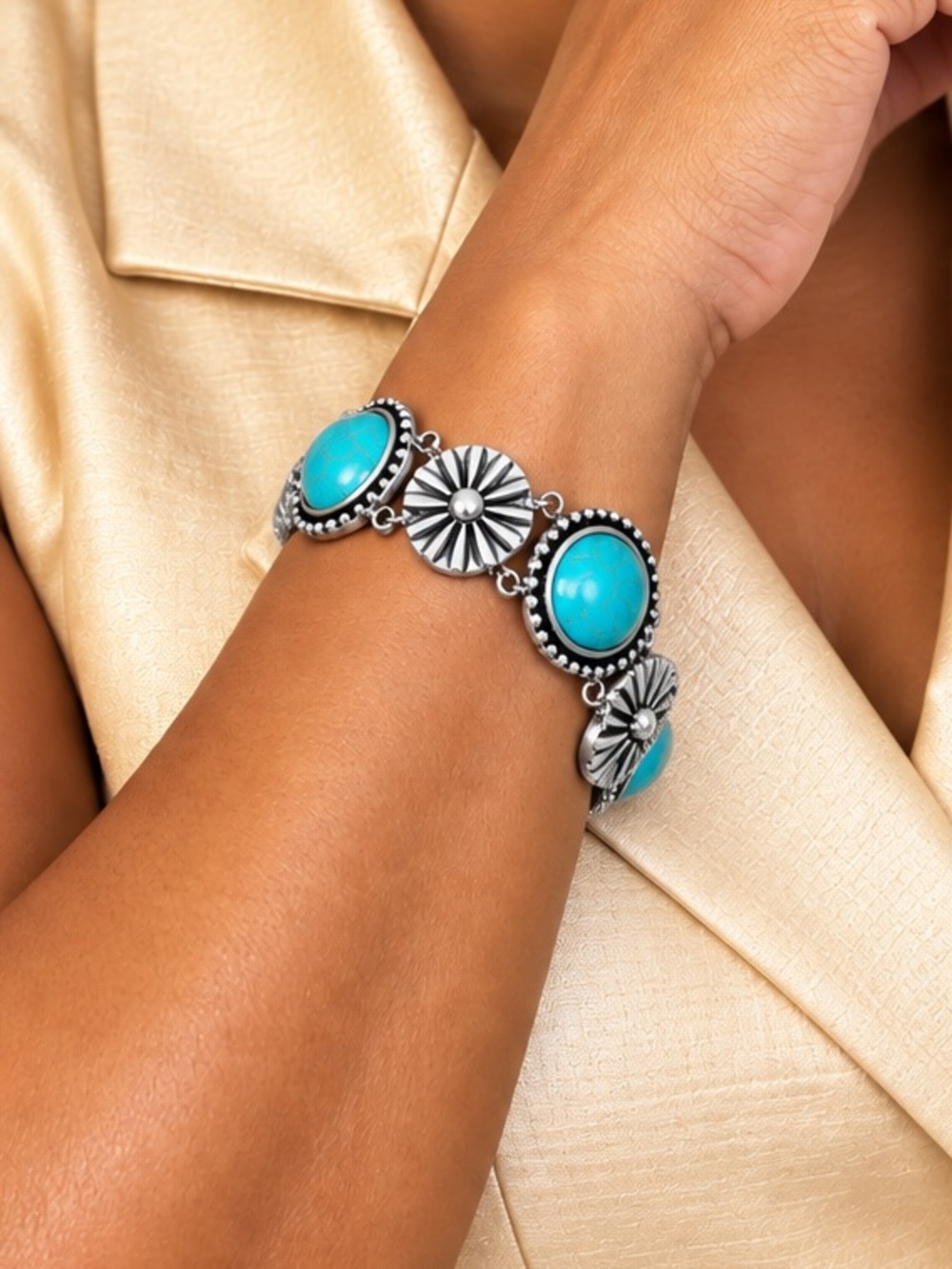 Turquoise Silver Tone Fashion Jewelry Statement Bracelet Adjustable